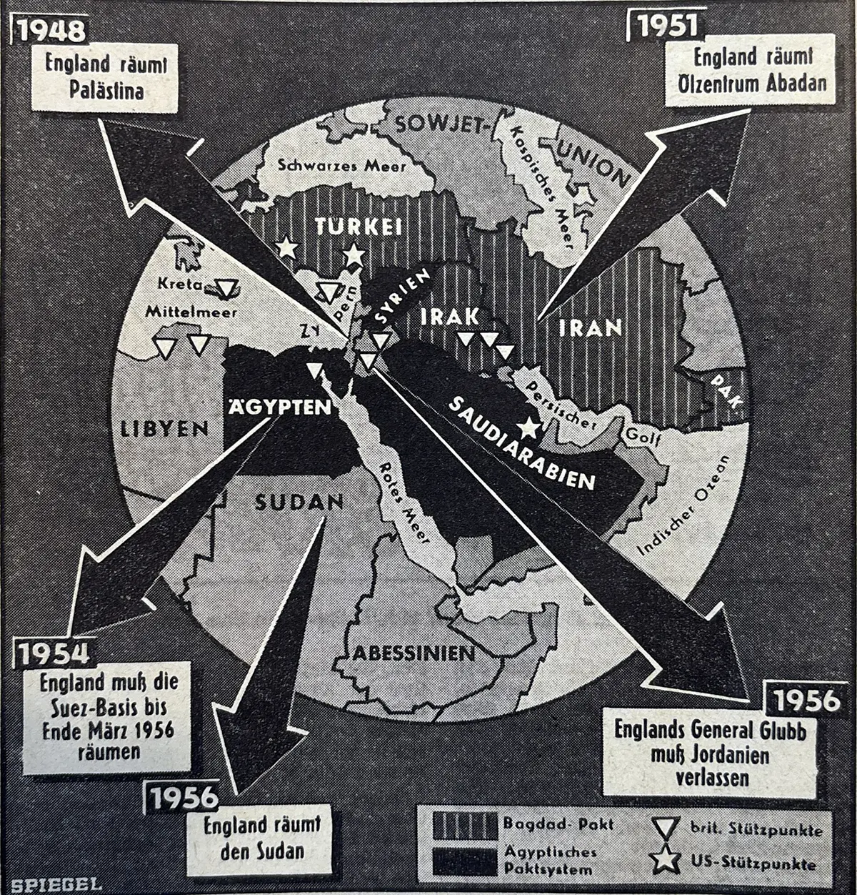 Historische SPIEGEL Karte zur Suezkrise 1956 und zum Rückgang britischen Einflusses im Nahen Osten