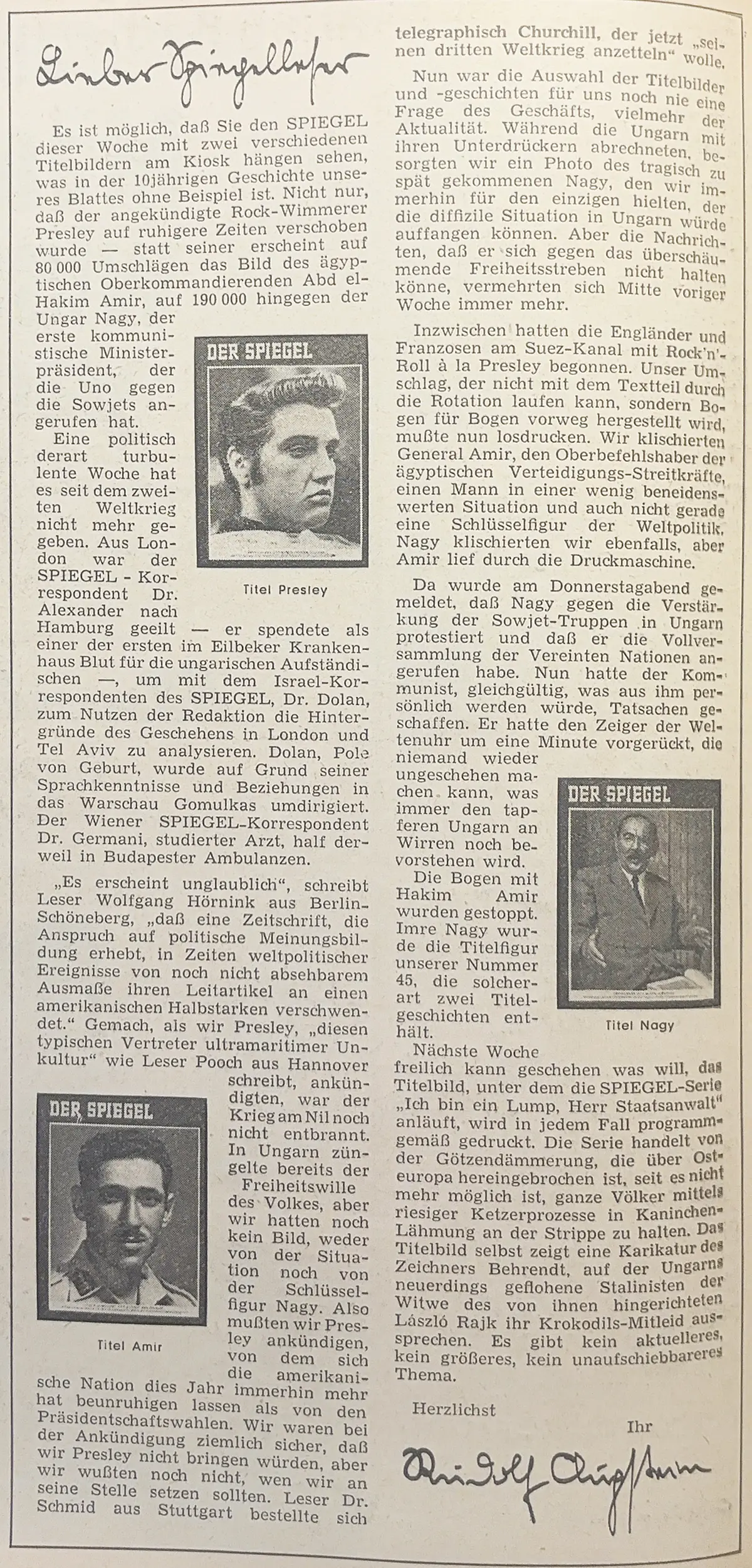 Rudolf Augsteins Erklärung zu Elvis Presley, Abdel Hakim Amer und Imre Nagy sowie zwei Titelbildern von DER SPIEGEL 45/1956